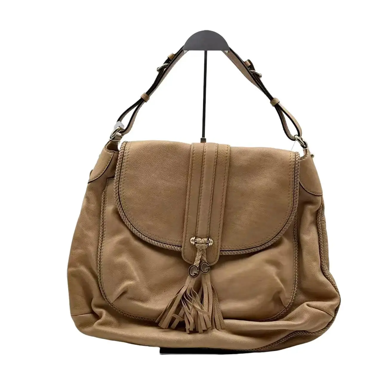 Pre-owned GUCCI H5 Pre ownedGucci brown full leather double G tassel saddle bag (middle aged model) H17113