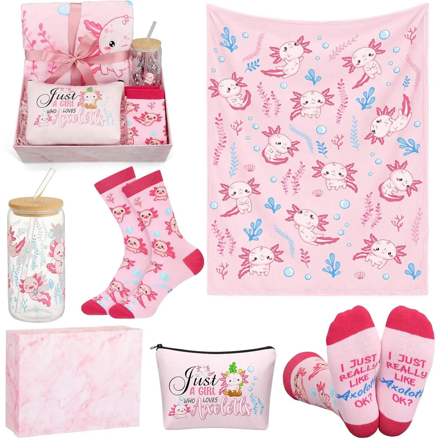 Axolotl Lover 4-Count Gift Set for Girls/Women - Cozy 40x50 Inches Synthetic Flannel Blanket, Durable Basket, Novelty Socks, 16 oz Glass Jar Tumbler - Mexican Salamander Themed Everyday Home & Party Supplies