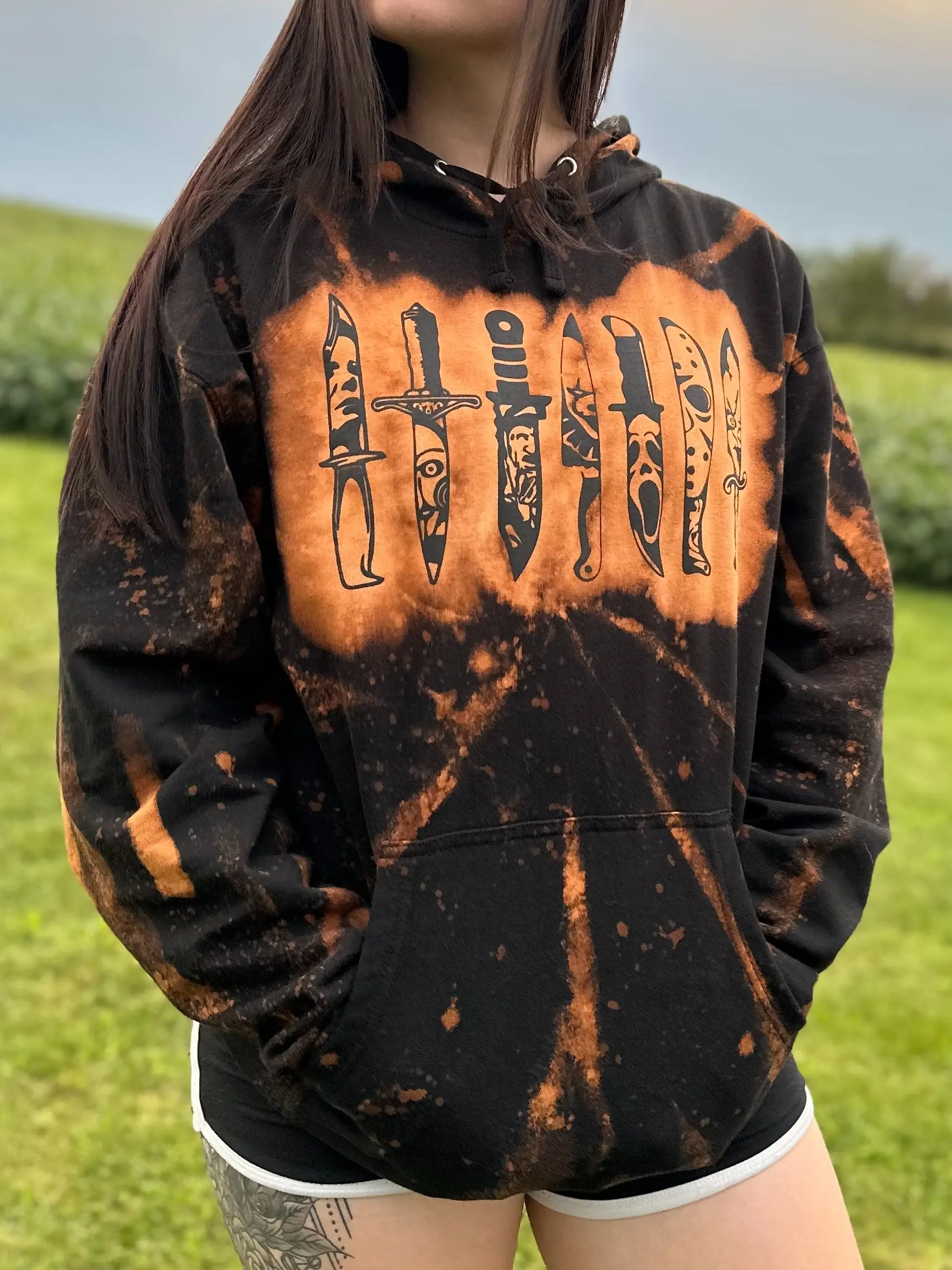 Horror Character Knife - Hoodie - Screen Printed - Hand Bleached - Unisex