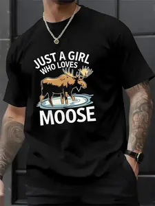 Swedish Style Loose Fit Graphic Tee, Casual Animal Print Streetwear Top, Unisex Long Short Sleeves H-Type Design