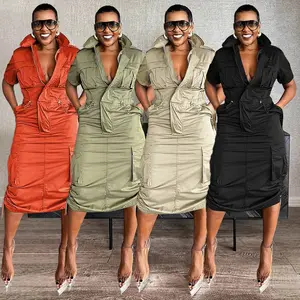 two-piece set woman Streetwear Multi Pockets Cargo Dress Sexy Women Turn Down Collar Elegant Club Party Skater Dress Casual Womenswear Check Light Summer Basic K3320-1_Black Minimalist Fit Suits Chic Elegance