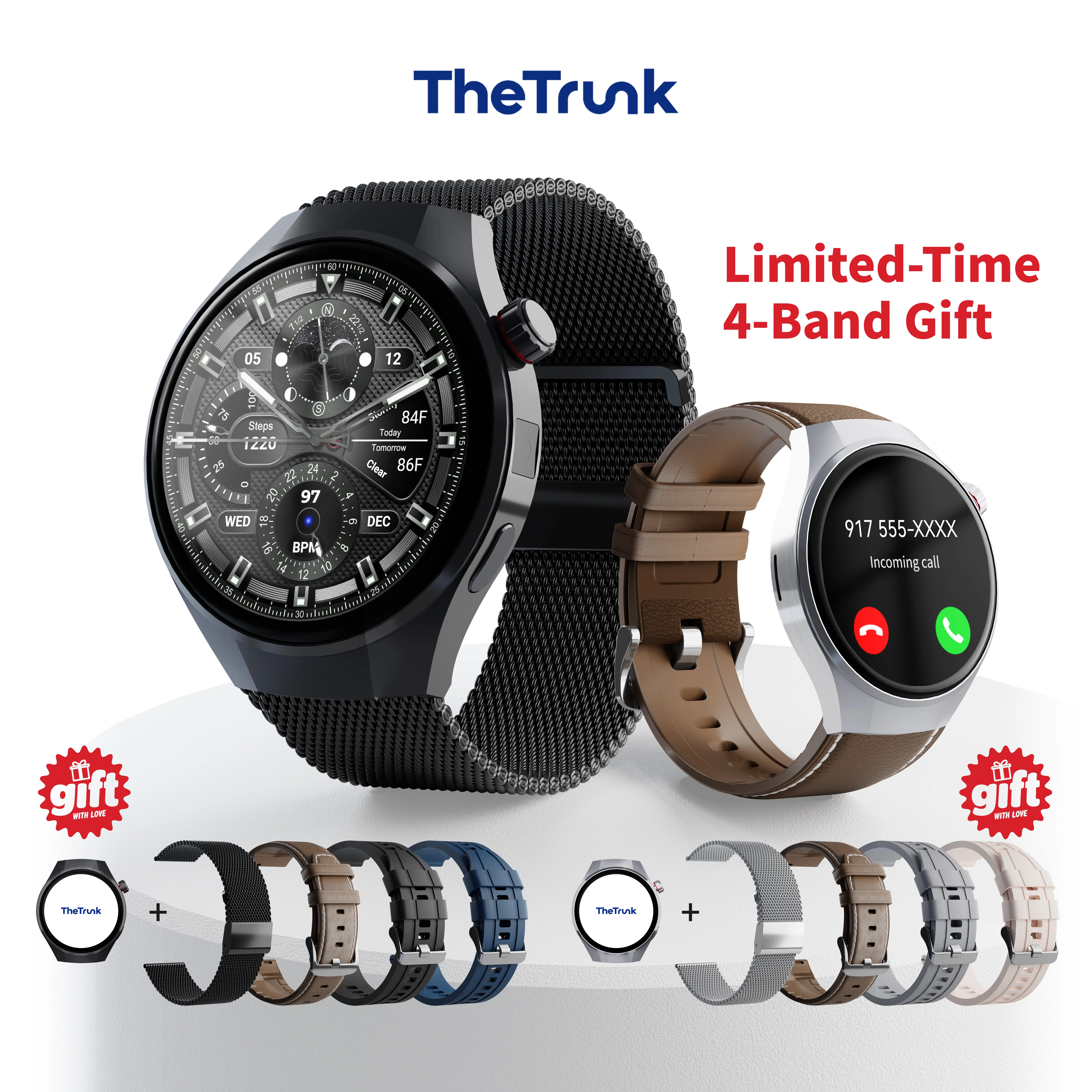 TheTrunk Smart Watch for Men and Women with 4 Bands, Bluetooth Wireless Calling, 7-Day Battery, IP68 Waterproof Fitness Tracker, Heart Rate Sleep Monitor, UV Money Checker, Wearable Device for iPhone Android,Back to School Gift for Workouts and Daily Wear