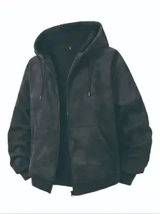 Men's Hooded Long Sleeve Jacket with Drawstring & Zipper, Fall Winter Casual Textured Sweatshirt, Running Fitness Jogging Sportswear