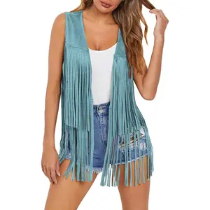 Womens Fringe Vest 70s Hippie Costume Sleeveless Cowgirl Western Outfits Faux Suede Tassel Outerwear