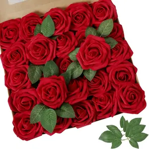 Artificial Flower Dark Red Rose 25pcs Real Looking Fake Roses w/Stem for DIY Wedding Bouquets Centerpieces Arrangements Party Shower Home Decorations