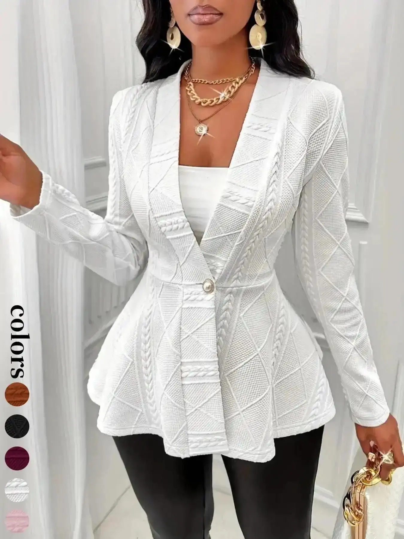 Women's Stunning Textured Knit Button Front Blazer, Elegant Chic Long Sleeve Slim Fit Outerwear for Fall & Winter, Ladies Clothes for Work Office Business, textured elegance, cozy refinement, knit sophistication