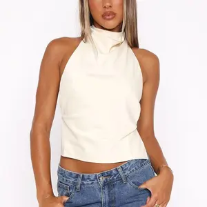 Women’s Halter Neck Satin Tank Top – Sleeveless Backless Solid ColorFit Crop Top for Summer & Clubwear S-XXL Minimalist Piece Bottoms