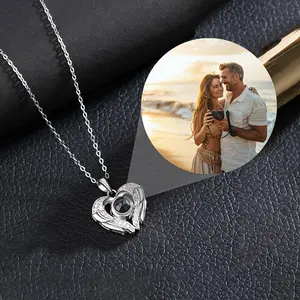 Customized Projection Necklace With Color Pictures, Elegant Style zirconia Decor Heart-shaped Wing Pendant Necklace For Mother's Day, Romantic Custom Accessory, Luxury Gifts For Women