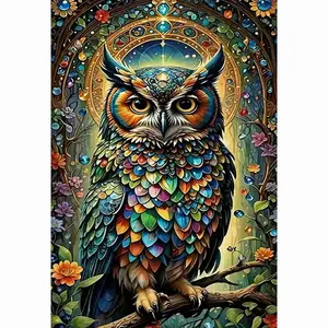Magical Rainbow Feather Owl With Ornate Floral Frame, Fantasy Enchanted Forest Art 5D Full Drill Round & Square Diamond Painting Kit, DIY Rhinestone Cross Stitch, Colorful Boho Wall Decor, Mystical Owl Lover Handmade Gift