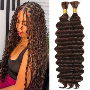 Boho Hair For Braiding Deep Wave Human Braiding Hair 110g 20 Inch #4 Bulk Human Hair Braiding Hair for Boho Braids Knotless 12A Water Wave Bohemian 2 /Pack  Brown Color Curly Braids