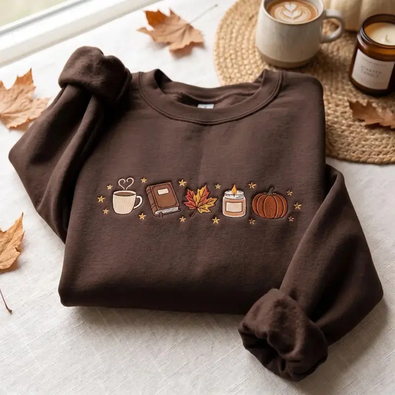 Embroidered Book Lover Sweatshirt, Fall Bookish Crewneck, Autumn Pumpkin Coffee Shirt, Book Lover Gift, Cozy Fall Shirt