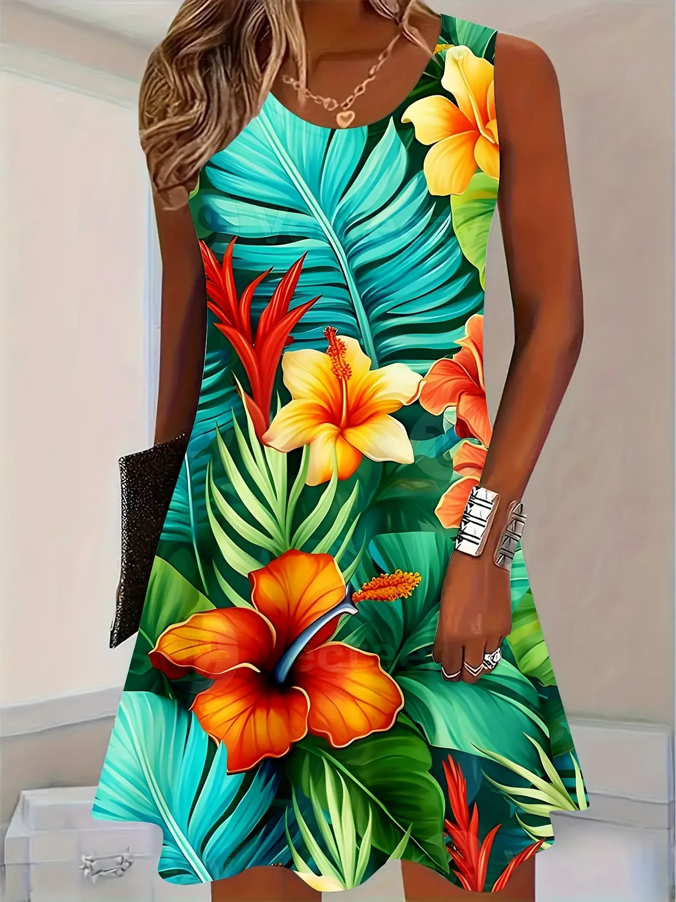Tropical Floral Print Sleeveless Dress with Hibiscus And Palm Leaves for Summer Beach Vacation Wear