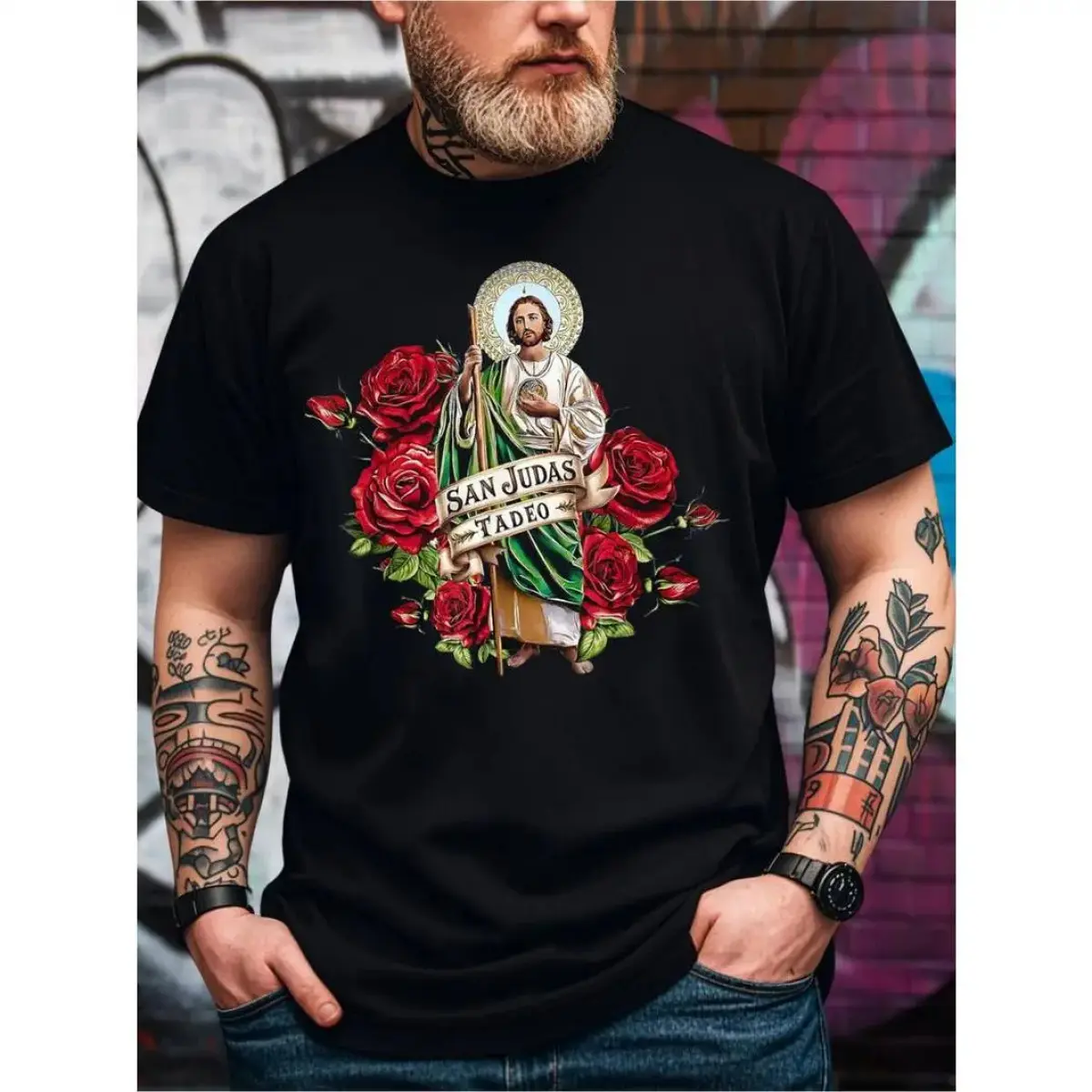 Streetwear Aesthetic 100% Cotton 2026 Summer t Shirts Men'S San Judas Tadeo Graphic T-Shirt, 100% Cotton Fabric, Crew NeckMinimalist Aesthetic - Everyday Comfort Shirt
