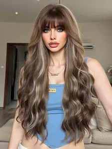 26 Inch Ginger Highlights Ombre Wig, Synthetic Hair Wigs, Body Wave Style with Center Part Bangs, Elegant Hair Accessory for Everyday Use