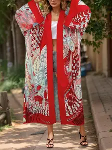 Women's Casual Floral Print Loose-Fitting Lightweight Cardigan, Comfortable Beachwear for Spring & Fall, Ethnic Style Daily Wear