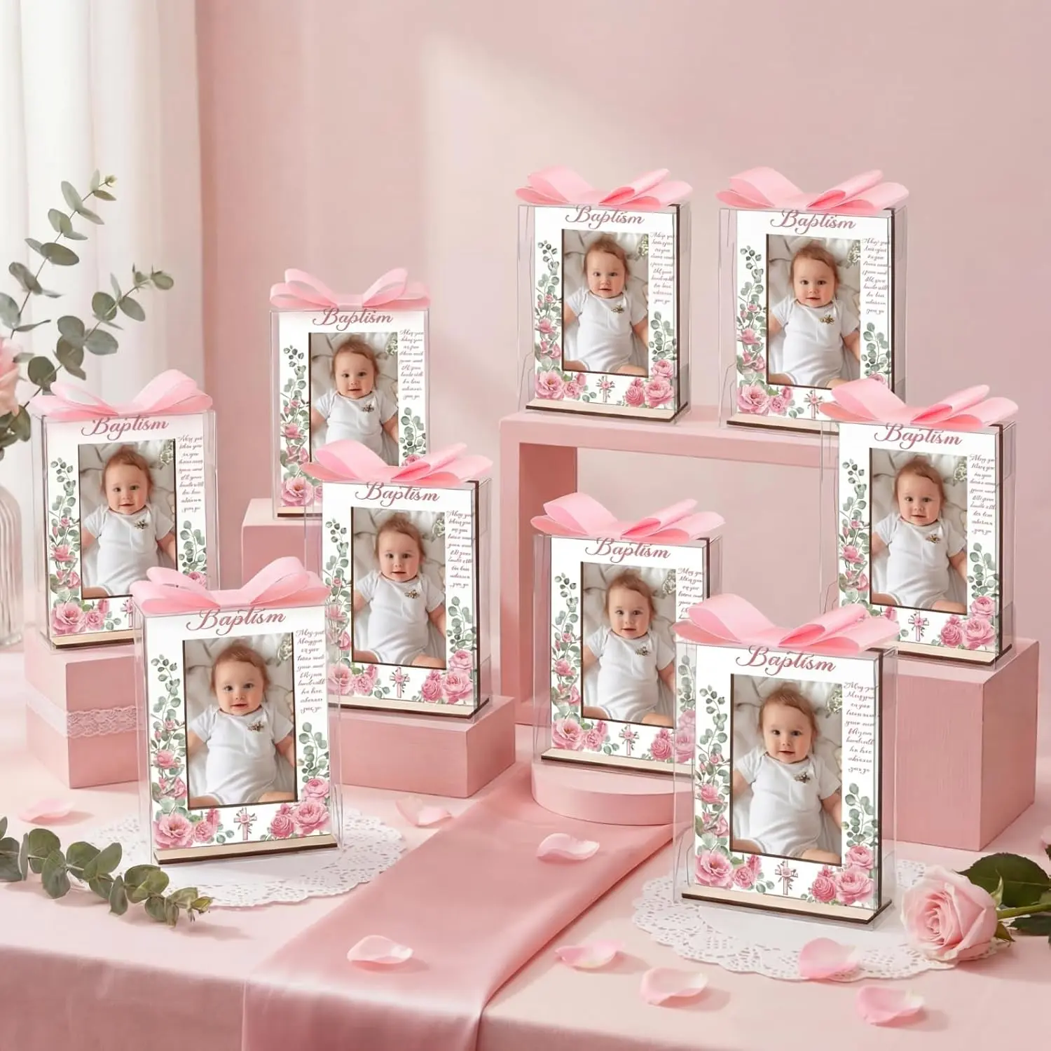 12 Set Baptism Picture Frame Catholic Baptism Gifts  Photo Frame  Shower Favor with Clear Plastic Clear Boxes and Satin Ribbon Bows for Religious First Communion Decor ()