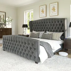 Queen/King Size Platform Bed Frame With Wingback Headboard, Velvet Upholstered Bed Frame With Handmade Button Tufted & Nailhead, Wooden Slats Support, Grey