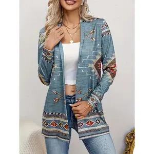 Western Ethnic Print Open Front Cardigan, Casual Long Sleeve Loose Cardigan, Women'S Clothing