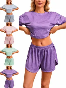 Women's Striped Loose-Fit Pajama Set, Casual Knitted Short Sleeve Top and Shorts, Side Split Design, Ideal for Home Wear