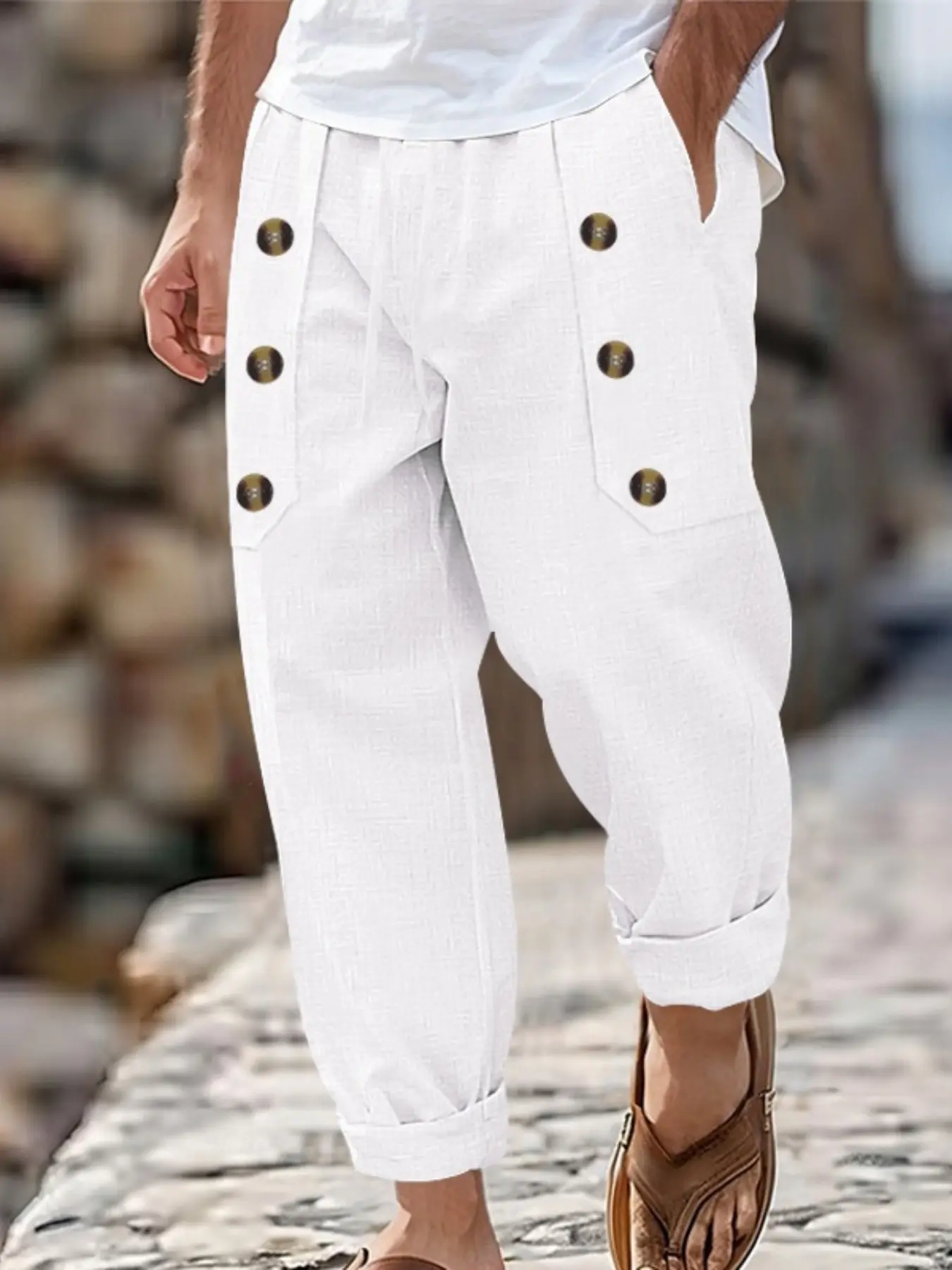 Men's Linen Drawstring Waist Pants, Multi-Pocket Elastic Waistband, Casual Outdoor Long Trousers, Essential Men's Wardrobe