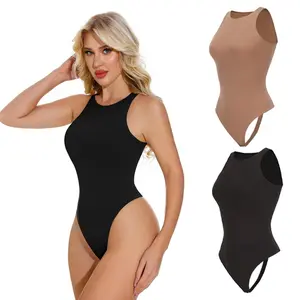 LAICIGO Seamless One-Piece Tummy Tucking Bodysuit Comfort Sleeveless Tops Shapewear for Women Soft Round Neck Simple Comfy Sculpting Snatched Waistline