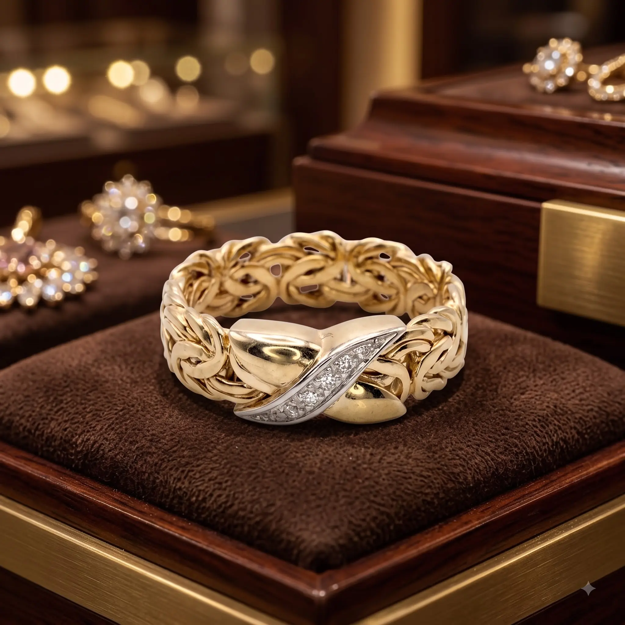 Technibond 14K Yellow Gold Plated Sterling Silver Byzantine Ring, CZ X-Motif Woven Band