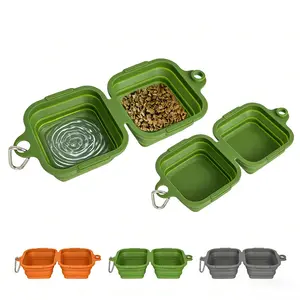 Portable & Collapsible Dog Bowls, 2 Pack Integrated Molding Dog Double Bowl No Plastic Rim Foldable Pet Food & Water Bowl Cat Feeder Dish for Hiking, Camping