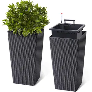 Set of 2 Black Tall Planters Self Watering Planter with Water Level Monitor Trays Wheels Large Plastic Standing Planter Pots for Indoor Outdoor Plants All-Weather Planters