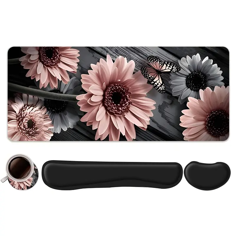 4pcs Pink Flower with Butterfly Design Mouse Pad + Keyboard Wrist Rest + Coaster Set For Desktop Decoration, Mouse Pad And Keyboard Wrist Rest, Desk Mat Cute, Suitable For Home Office Gaming