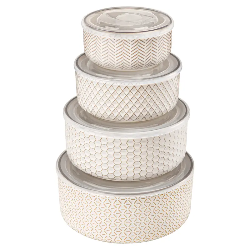 Narbonne Collection Ceramic Kitchen Bowls - Set of 4 Nesting Bowls with Lids, Ceramic Tableware, Ceramic Bowls