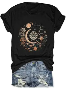 Women Mystical Moon and Sun Flower Shirt Vintage Wildflower T Shirts Boho Graphic Tees Short Sleeve Celestial Moon Tops