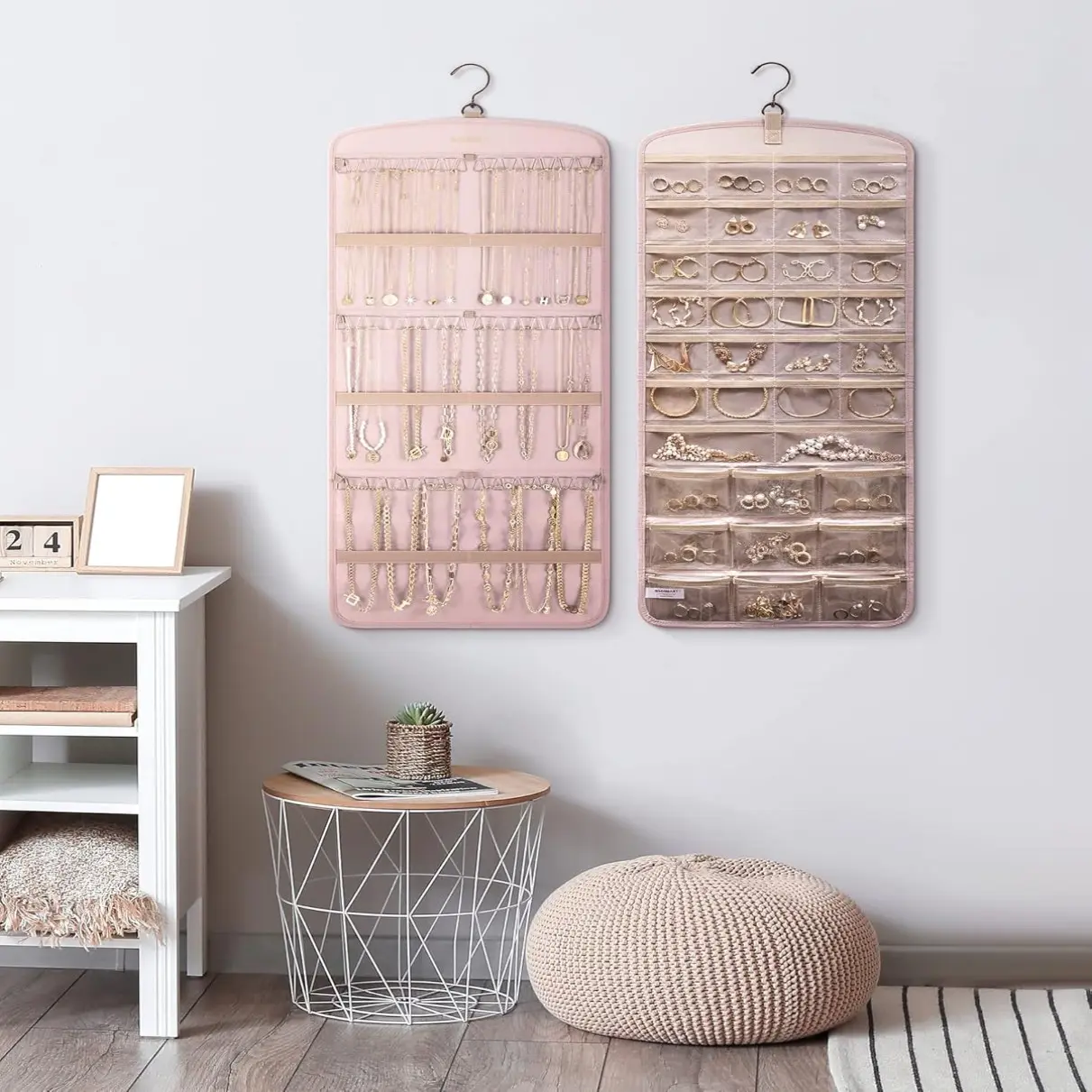 1-Piece Rectangular PVC Hanging Jewelry Organizer with Metal Hooks - Durable, Eco-Friendly, Modern Double-Sided Multi-Compartment Holder for Earrings, Necklaces, Rings - Wall Mount, Closet, Door All-Purpose 360-Degree Rotatable Jewelry Boxes & Organizers