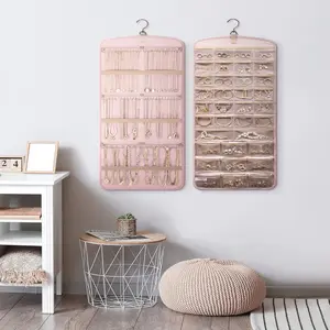 1 piece Hanging Jewelry Organizer Storage Roll with Hanger Metal Hooks Double-Sided Jewelry Holder for Earrings, Necklaces, Rings on Closet, Wall, Door