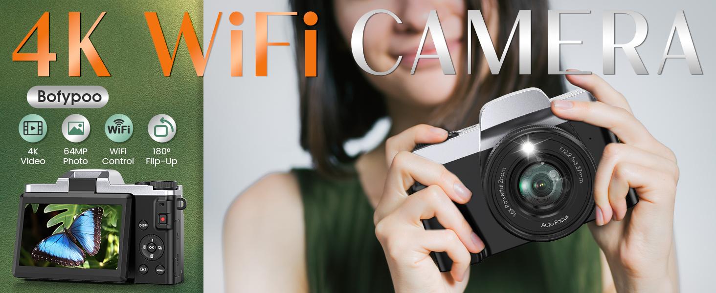 4K Digital Camera for Photography with WiFi,64MP Autofocus Vlogging Camera for YouTube,3'' 180° Flip Screen Compact Travel Camera for Teens with 32GB SD Card,16X Zoom,Anti-Shake,2 Batteries(Black) 4K Digital Camera for Photography with WiFi,64MP Autofocus Vlogging Camera for YouTube,3'' 180° Flip Screen Compact Travel Camera for Teens with 32GB SD Card,16X Zoom,Anti-Shake,2 Batteries(Black)