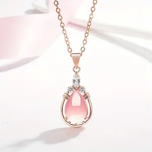 [Pink Rose Quartz Pendant] Rose Quartz Pendant Necklace - Simple Drop-Shaped Pink Pendant with O-Shaped Chain Clavicle Chain