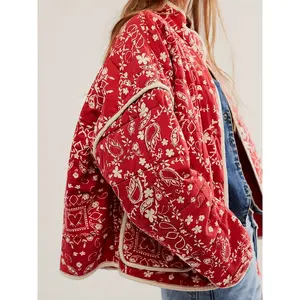 Women'sAutumnWinterPufferCoatLongSleeveStandCollarFloralJacketWithPocketsFabricWomenswearTopsPolyesterWovenY2K