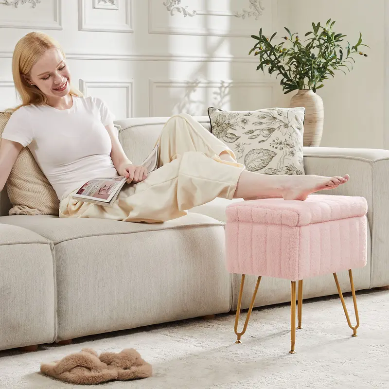 Vanity Stool Chair with Storage, Ottoman Faux Fur Soft Padded Makeup Footstools Seat with 4 Metal Legs Anti-Slip Adjustable Feet Vanity Stool Chair with Storage, Ottoman Faux Fur Soft Padded Makeup Footstools Seat with 4 Metal Legs Anti-Slip Adjustable Feet
