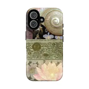 Vintage Nautilus & Orchid Aesthetic Phone Case for IP 17 16 15 14 13 12 11 Pro Max XR Xs 6 7 8 Plus SE, Dreamy Botanical - Art Deco Floral Case, Shockproof Indie Aesthetic Cover,Lotus Flower & Seashell Aesthetic Boho Accessories - Tough Case