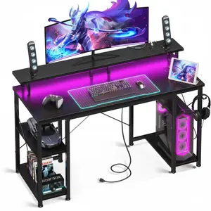 48-Inch Gaming Desk with LED RGB Lighting & Power Outlets, Sturdy Computer Gaming Table with Elevated Monitor Shelf, Side Storage Shelves, Headphone Hook & Device Organizer, Ideal for Gaming Setups, Home Offices and Streaming