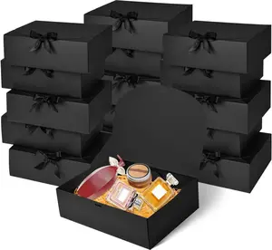 Reusable 12-Pack Black Lidded Gift Boxes with Ribbon, 12×9.8×3.1 in, Luxury Design, Holds Items, Writable for Wishes, Ideal for Groomsmen Proposals, Weddings