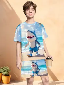 Anime Style Casual Set, Full Print Soft Fabric, Fresh Pattern, Comfortable and Vivid for Kids, Short Sleeve Fitted Design