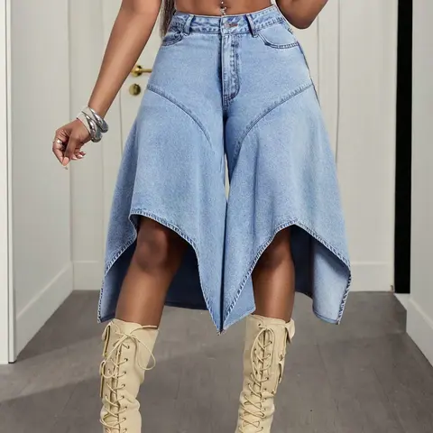 Spring & Summer Fashion Style Jeans Culottes, Casual Baggy High-Waisted Asymmetrical Hem Design Denim Skort, Loose-Fitting Plain Denim Bottoms