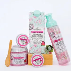 Bella and Bear Sweet n' Sassy Watermelon Gift Set with Foaming Shower Gel & Bubble Bath, Foaming Bath Milk, Body Scrub, Lip Butter & Lip Scrub