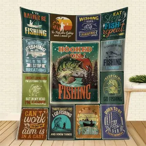 Cozy Fishing-Themed Flannel Throw Blanket - Soft Warm All-Season Bedspread With Vintage Fish & Hook Design, Soundwave Technology Printed Trout Salmon Bass Patterns, Green Blue Brown Tones Couch, Bed, Camping - Anglers & Outdoors