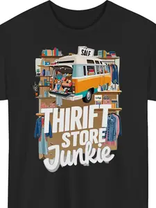 Thrift Store Junkie Graphic T-Shirt |   Vintage Thrift Store Design with Shopping Cart & Clothing Icons - All-Season Casual Round Neck Tee for Men & Women - Soft Breathable Fabric for Gym, Outdoor