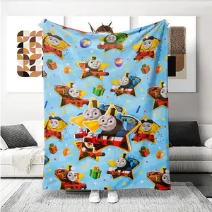 Comfortable Soft Flannel Blanket with Thomas Train Print, Cartoon Anime Theme Nap Throw, Multi-Purpose for Sofa Bed Car Room Office Camping, Happy Blanket Gifts