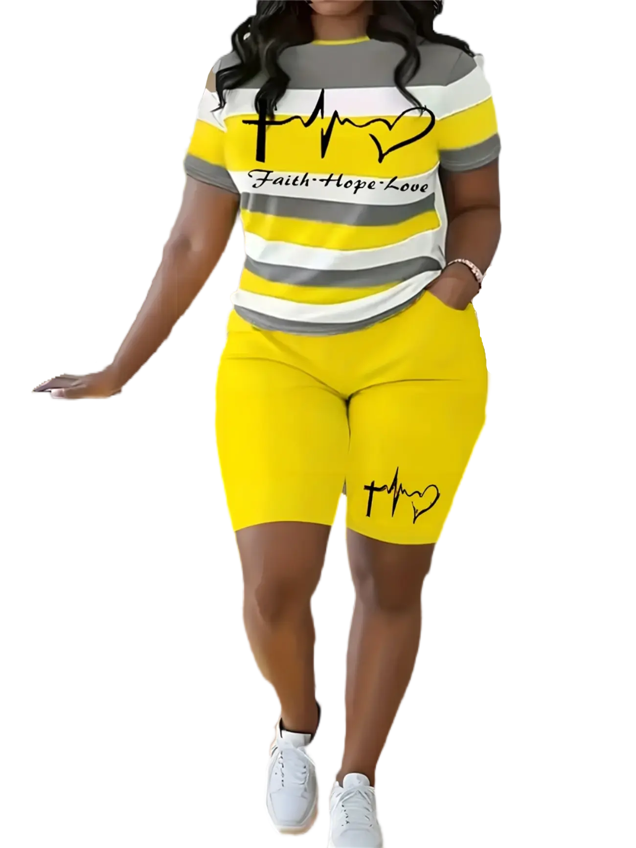 Plus-Size Female 2-Piece Clothes Set, Casual Colorblock & Heart Print Outfit with Striped Short-Sleeve Top and Comfy Pants for Lounging or Everyday Wear, Women's Clothes, 4Xl, Flattering Fit, Polyester, 3Xl, 2Xl