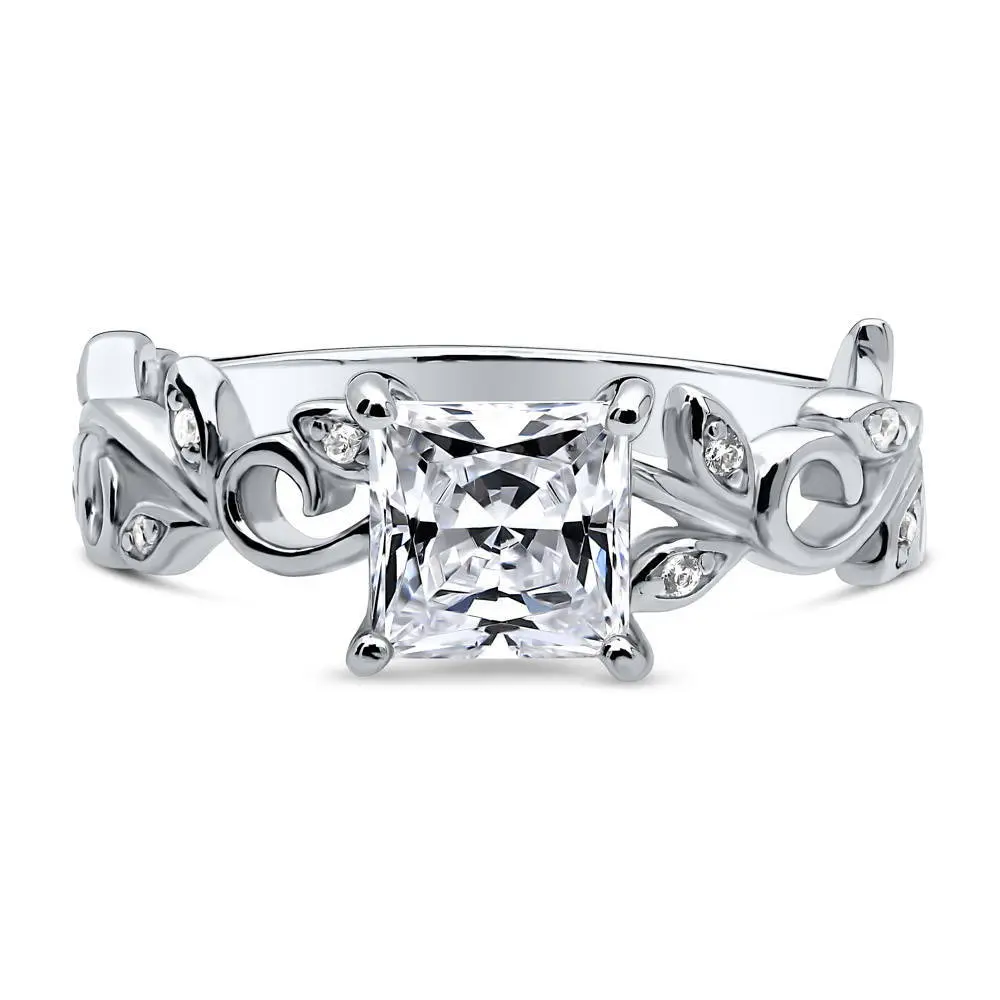 BERRICLE Sterling Silver Solitaire Leaf Filigree Wedding Engagement Promise Rings for Her, 1.2 Carat Princess Cut Cubic Zirconia CZ Ring