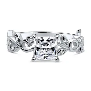 Solitaire Leaf Filigree 1.2ct Princess CZ Ring in Sterling Silver