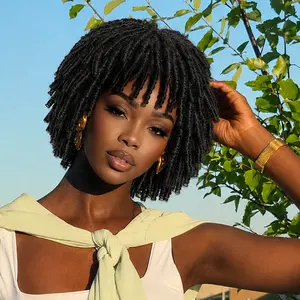 [New Arrival] Frodio Veralux™ Fiber Short Twist Wig with Curly Bangs in Natural Black Glueless Wear and Go Beginner Friendly Short Braided Dreadlocks Wig for Black Women